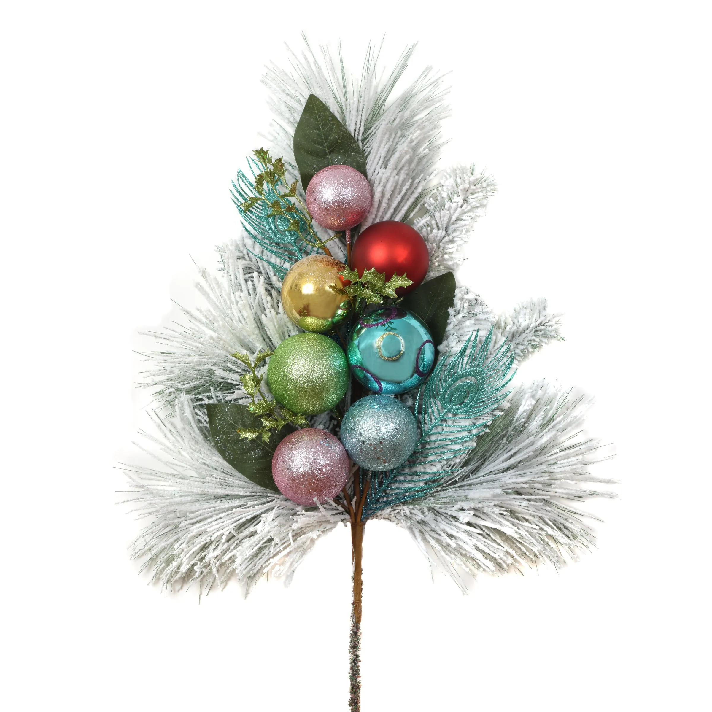 29 in. Snowy Pine Decorated Branch Spray with Snow Covered Bristles, Gold Sprouts