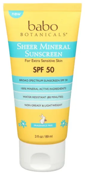 Babobotani - Sunscreen SPF 50 Sheer Mineral, 3 oz