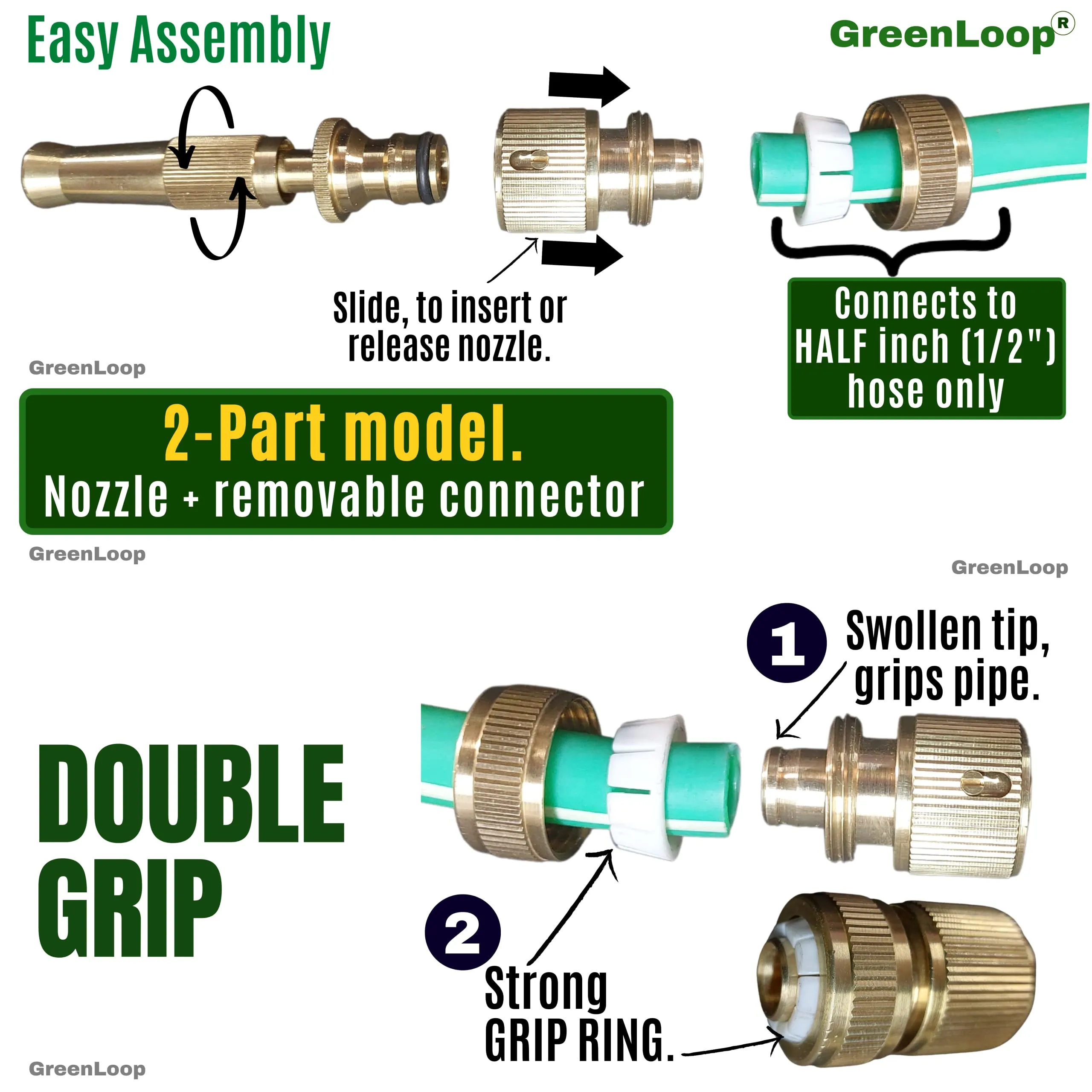 GreenLoop Solid-BRASS Water Spray Nozzle, Adjustable Spray, Connects to Hose, For Garden-Car-Pets-Window-Plants-Washing, Water Jet Spray, High Pressure (Brass, 1 Nozzle  Removable Connector)