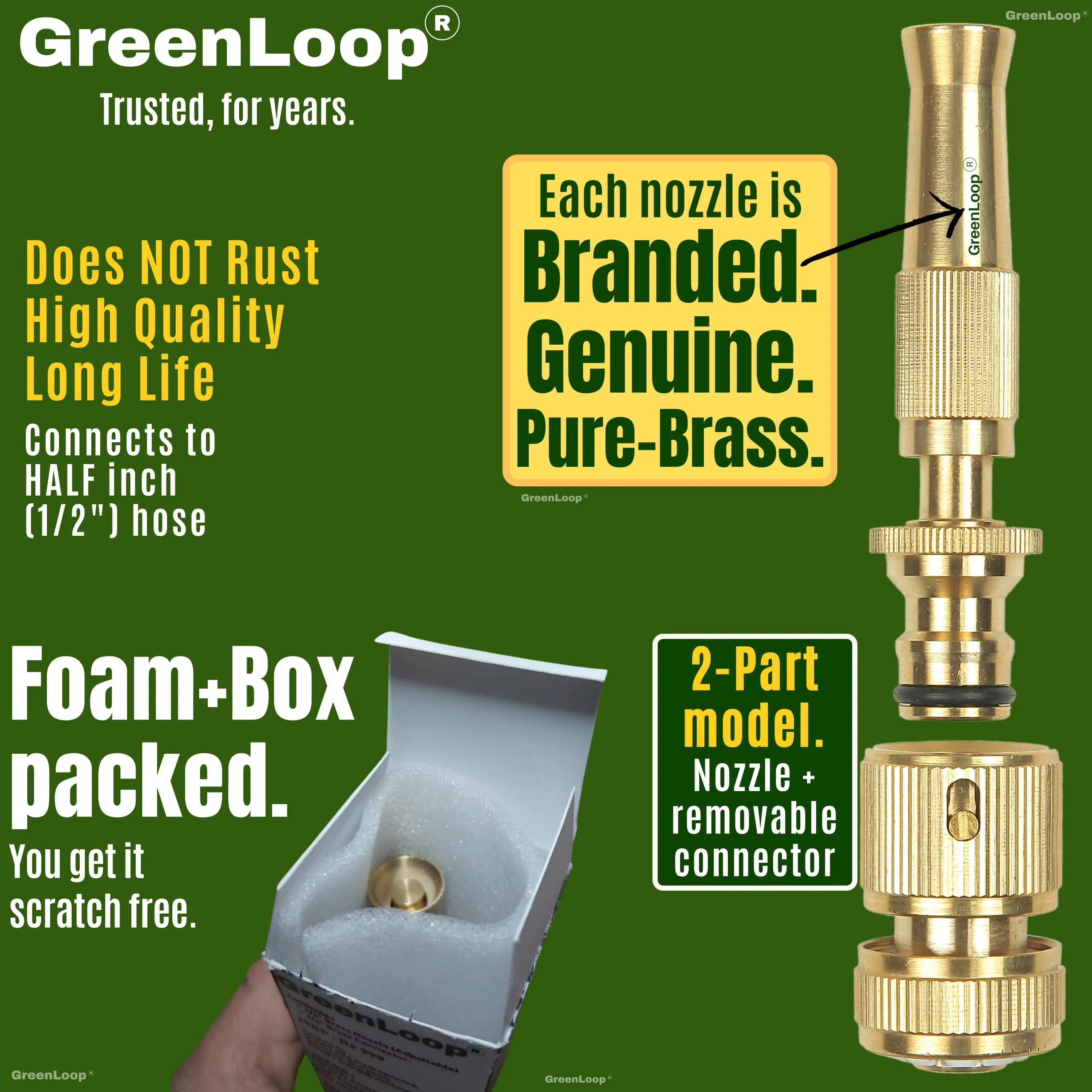 GreenLoop Solid-BRASS Water Spray Nozzle, Adjustable Spray, Connects to Hose, For Garden-Car-Pets-Window-Plants-Washing, Water Jet Spray, High Pressure (Brass, 1 Nozzle  Removable Connector)