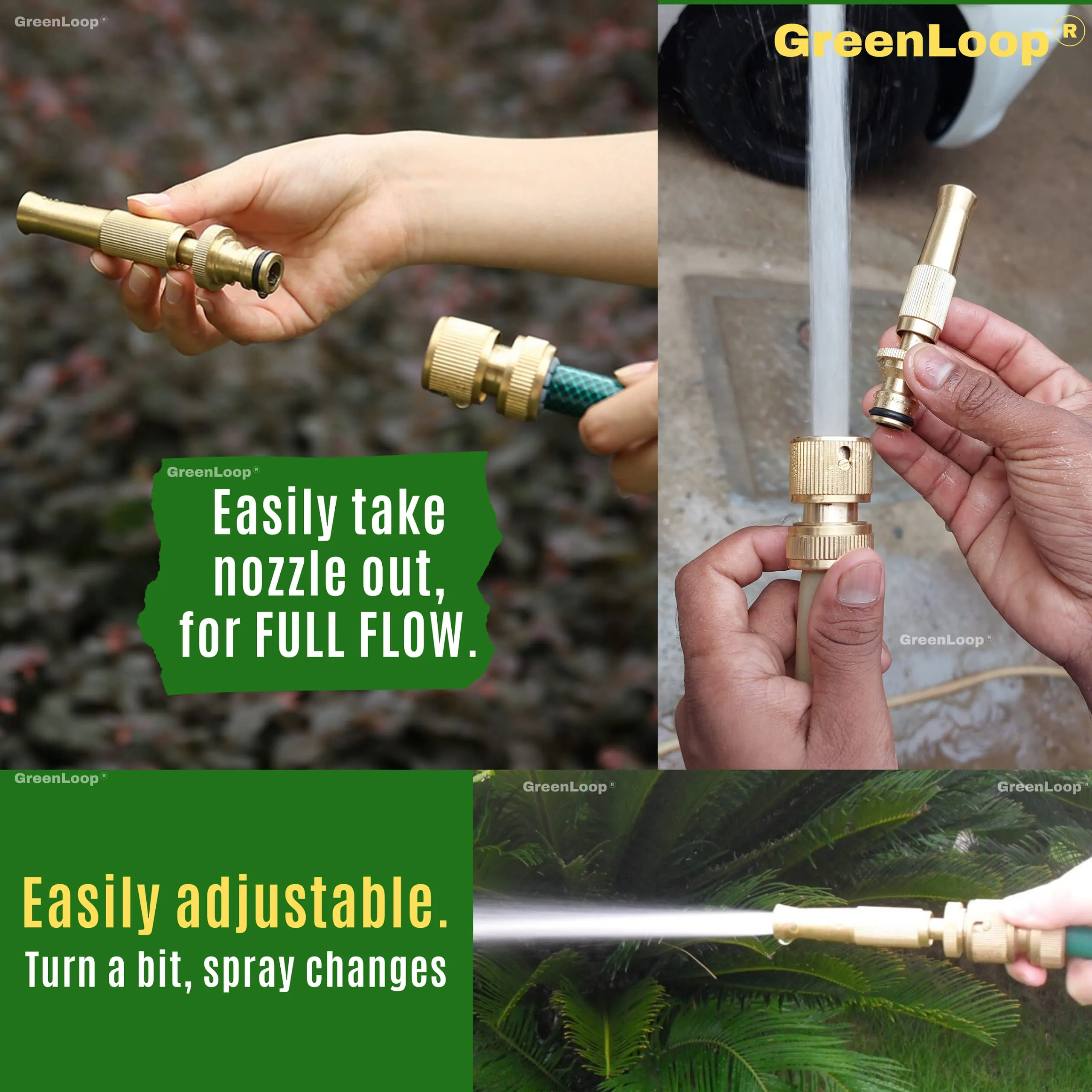 GreenLoop Solid-BRASS Water Spray Nozzle, Adjustable Spray, Connects to Hose, For Garden-Car-Pets-Window-Plants-Washing, Water Jet Spray, High Pressure (Brass, 1 Nozzle  Removable Connector)