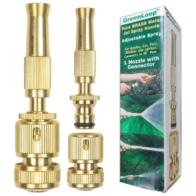 GreenLoop Solid-BRASS Water Spray Nozzle, Adjustable Spray, Connects to Hose, For Garden-Car-Pets-Window-Plants-Washing, Water Jet Spray, High Pressure (Brass, 1 Nozzle  Removable Connector)