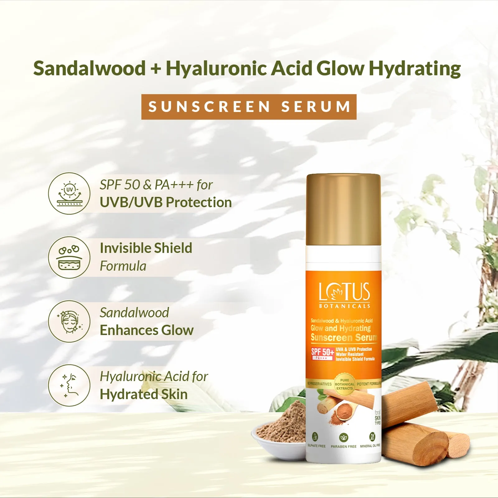 Sandalwood & Hyaluronic Acid Glow and Hydrating Sunscreen Serum | SPF50  | PA   