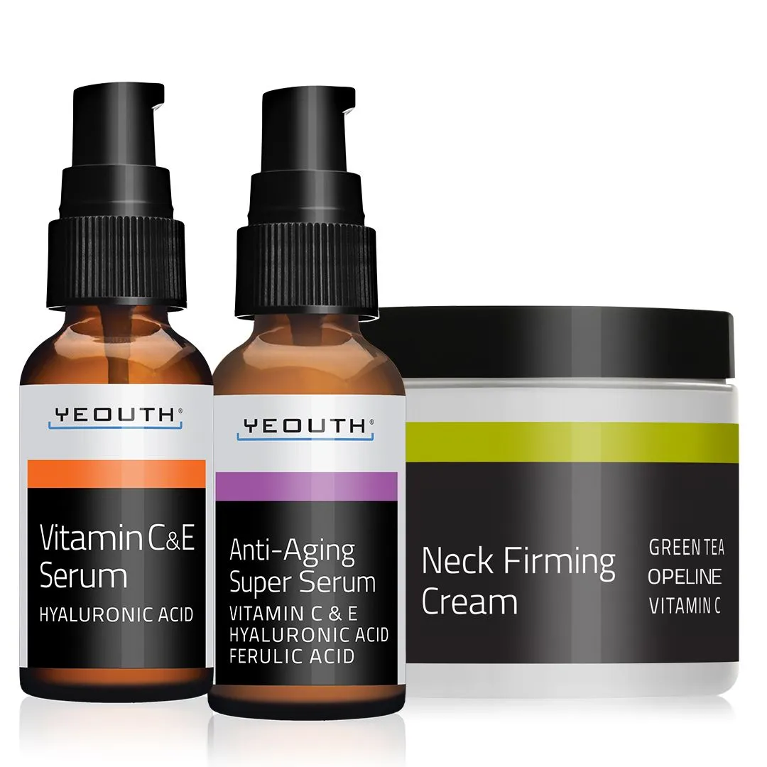 Tech Neck Essentials: Vitamin C and E Serum 1 oz, Anti Aging Super Serum 1 oz & Neck Firming Cream 2 oz